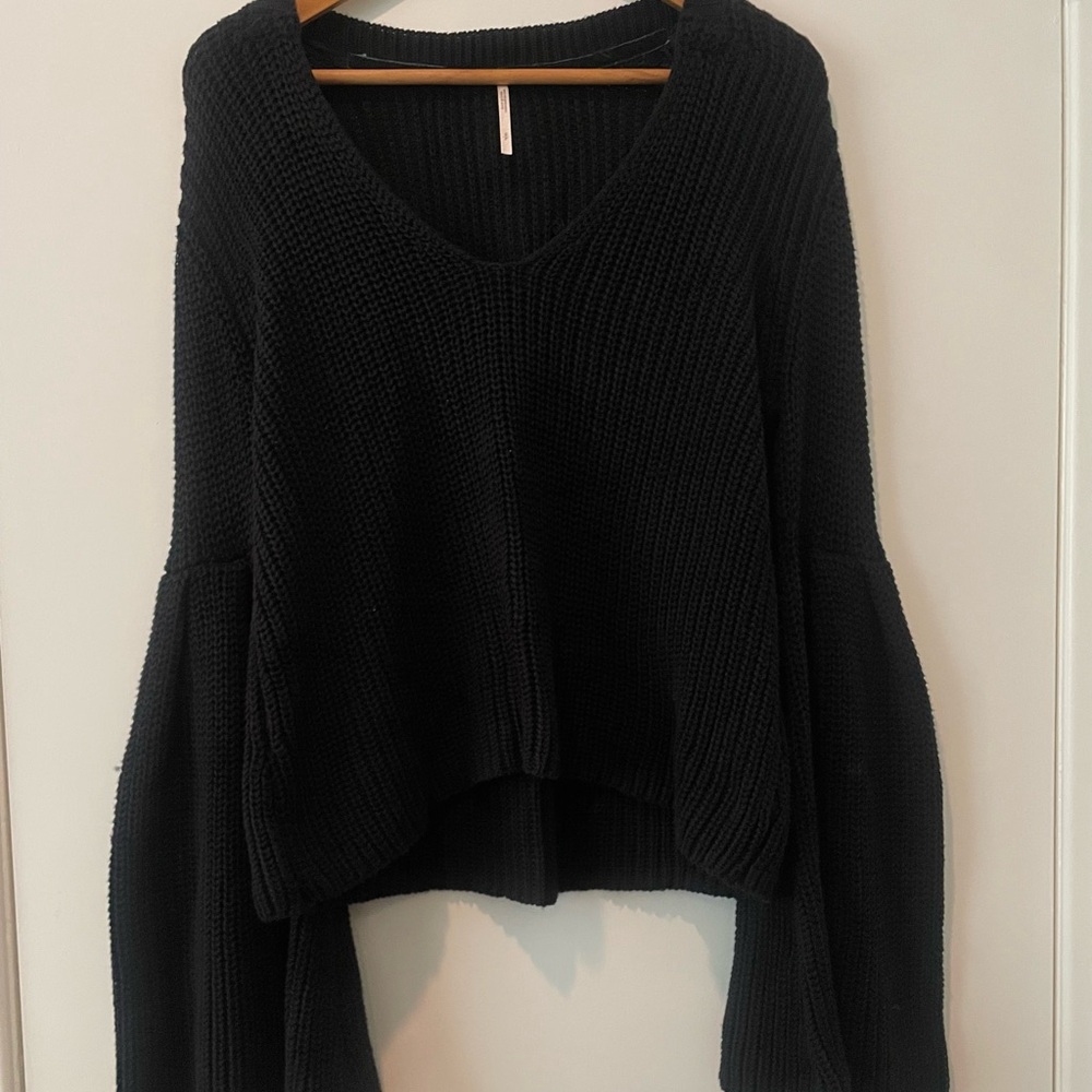 small free people black bell sleeve knit v neck sweater